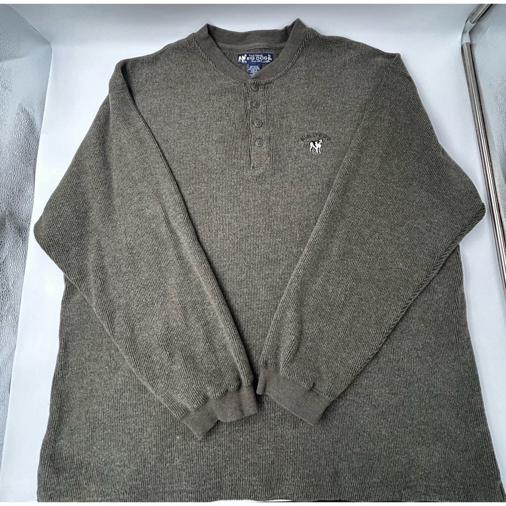 Vintage Big Dog Mens Henley Waffle Knit Shirt 2X Olive Green Long Sleeve Y2K